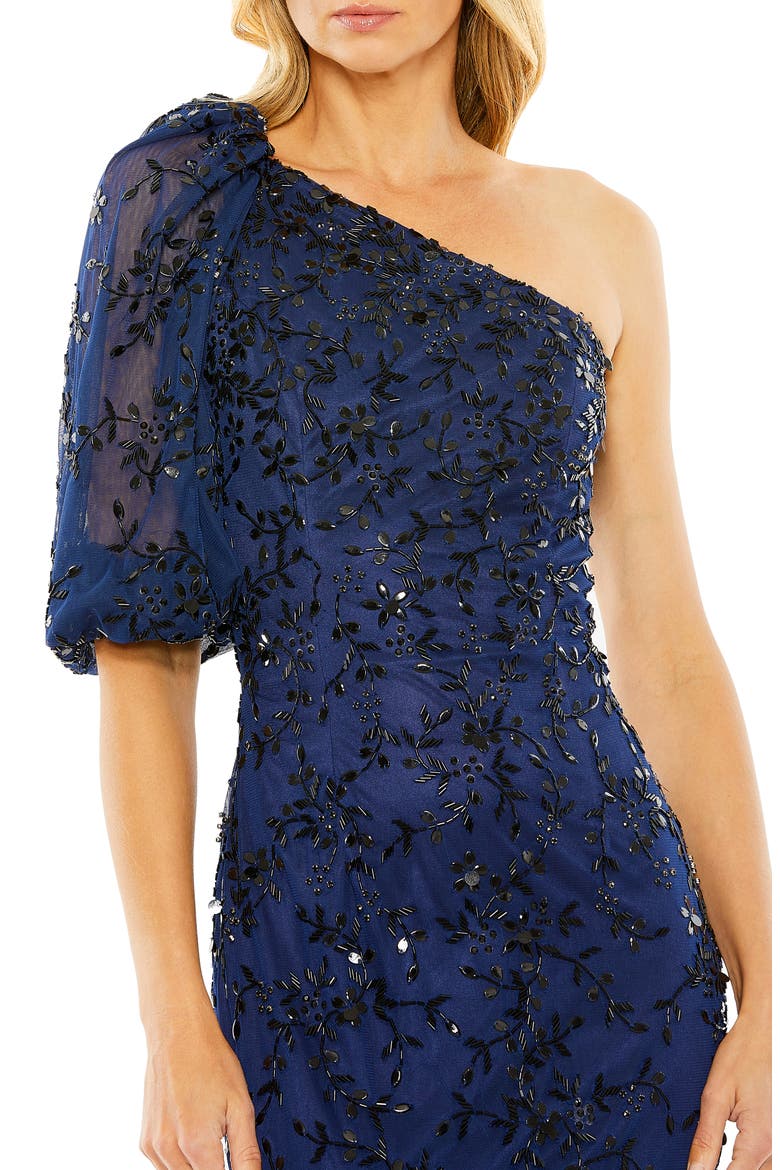 Embellished Puff Sleeve One-Shoulder Gown, Alternate, color, MIDNIGHT