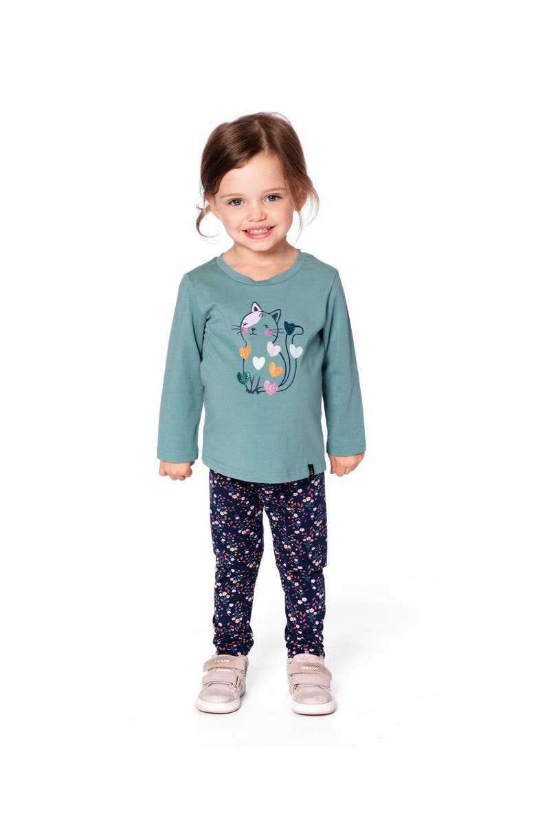 Deux par Deux Organic Cotton T-Shirt with Cat, Main, color, Sage