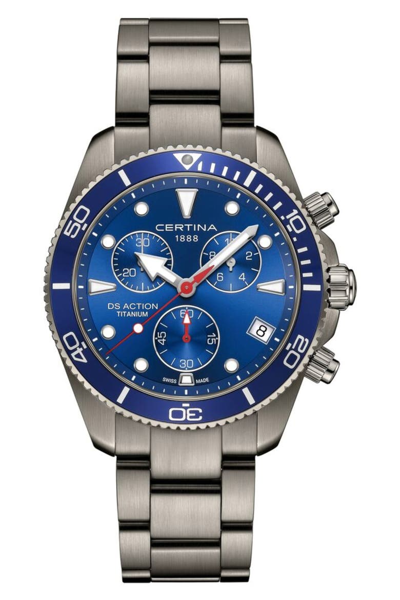 DS Action Chronograph Swiss Quartz Bracelet Watch, 42mm, Main, color, TITANIUM / BLUE DIAL
