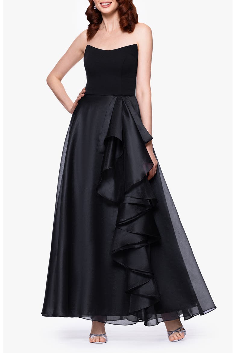 Ruffle Strapless Mixed Media Gown, Main, color, BLACK