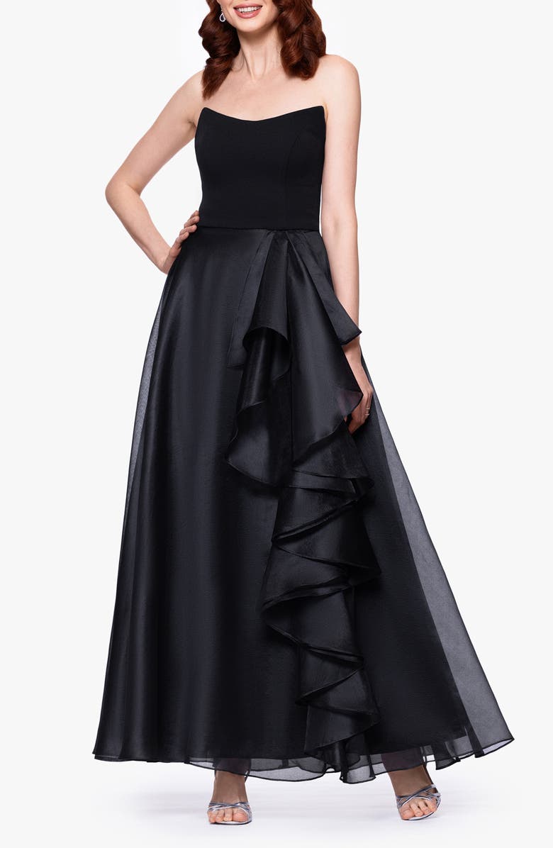 Betsy & Adam Ruffle Strapless Mixed Media Gown, Main, color, Black