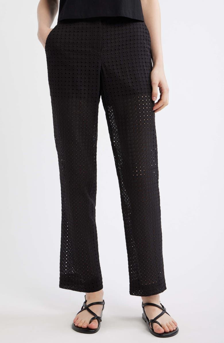 Theory Eyelet Embroidered Cotton Pants, Main, color, Black