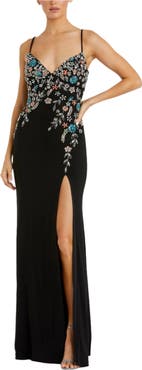 Mac Duggal Multi Color Beaded Floral Cami Gown