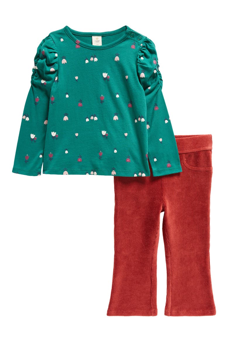 Print Long Sleeve T-Shirt & Rib Pants Set, Main, color, GREEN EVERGREEN FLORAL- RED