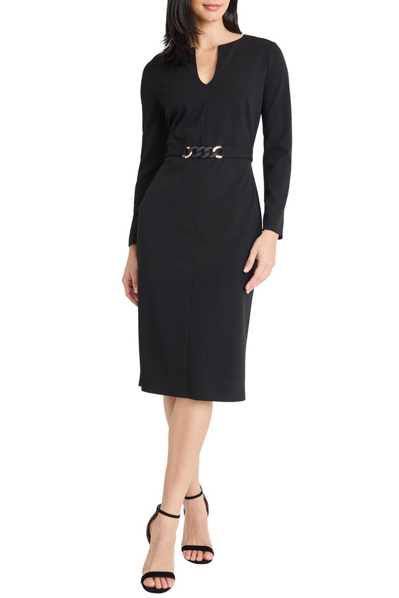 Belted Long Sleeve Sheath Dress, Main, color, BLACK