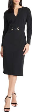 Maggy London Belted Long Sleeve Sheath Dress