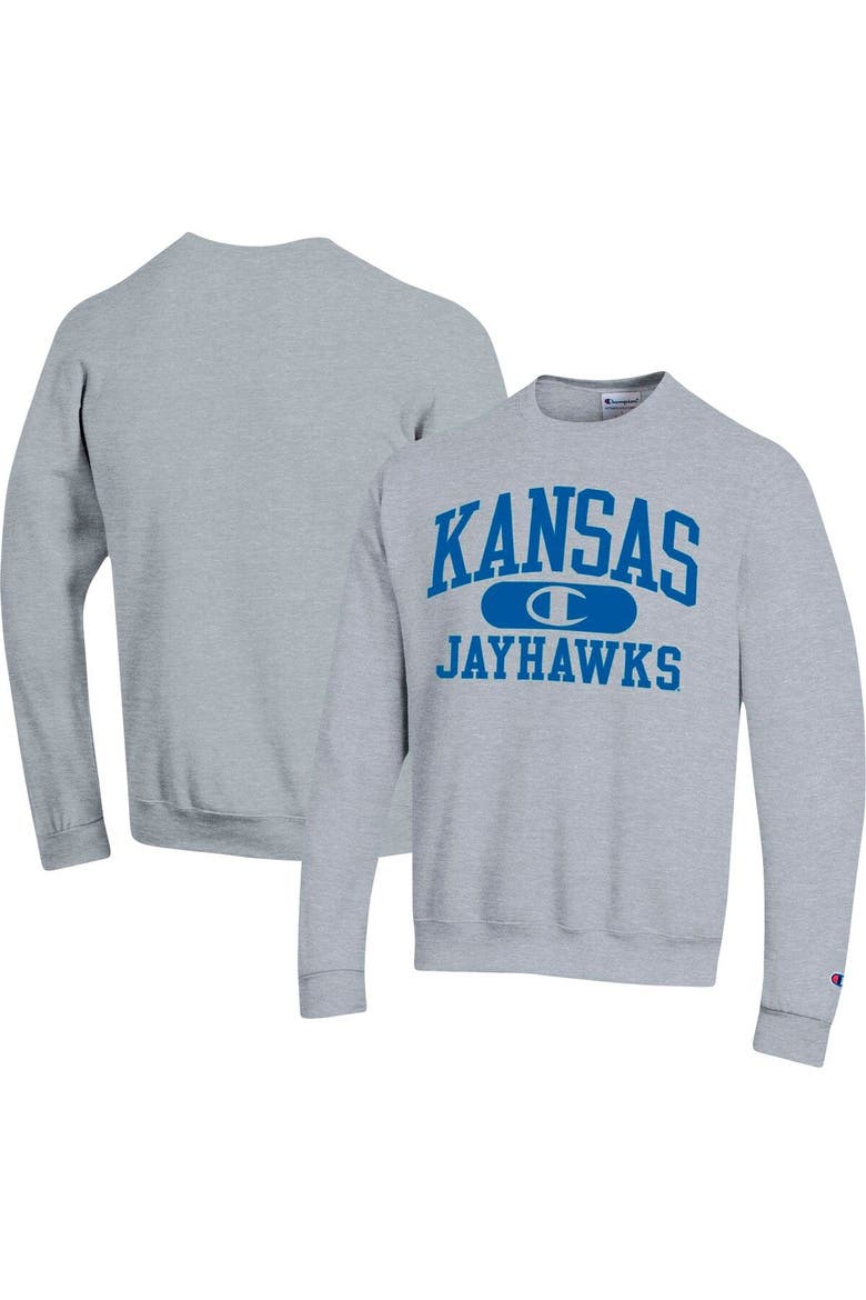 Men's Champion Heather Gray Kansas Jayhawks Arch Pill Sweatshirt, Main, color, Heather Gray