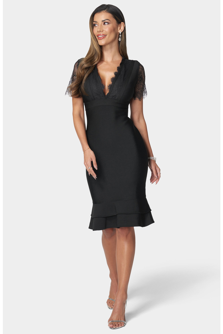 Lace Trim Bandage Bodycon Dress, Main, color, Black