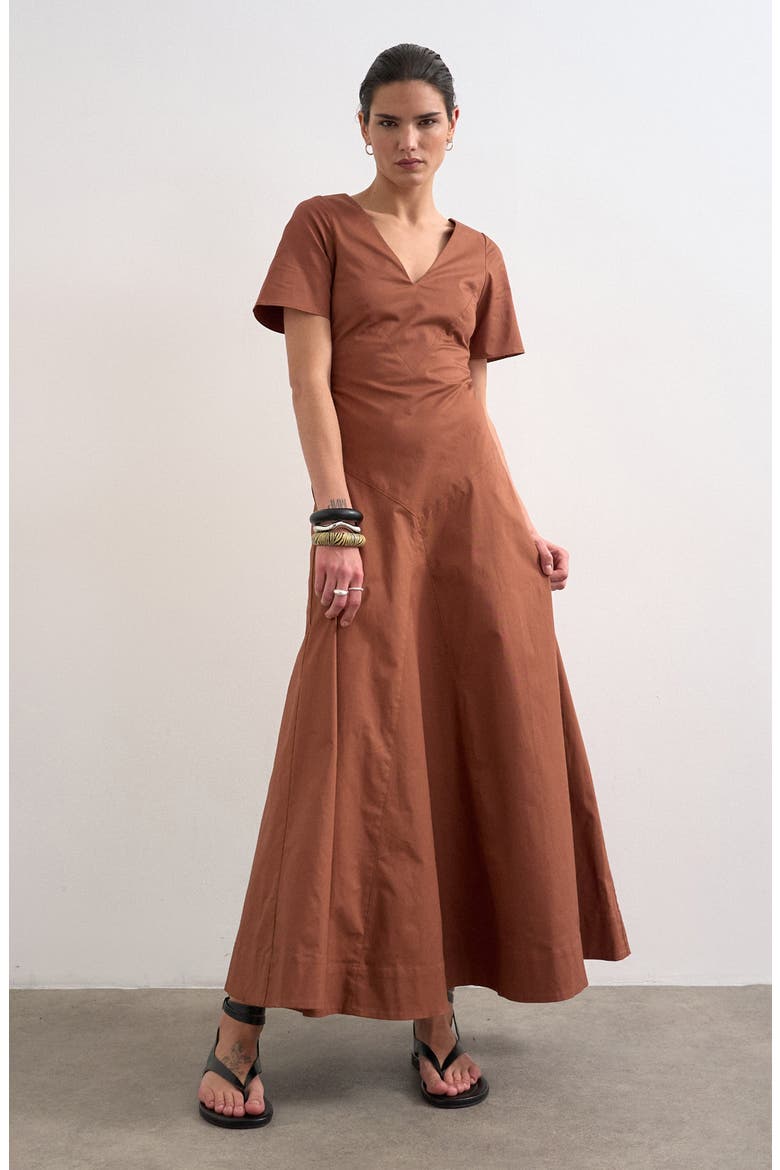 Seamed V-Neck A-Line Midi Dress, Main, color, RUST