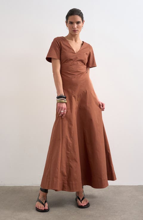 Seamed V-Neck A-Line Midi Dress