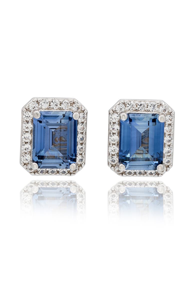Emerald Cut Blue Sapphire & Lab Grown White Sapphire Halo Stud Earrings, Main, color, BLUE