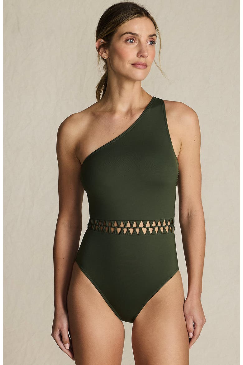 Macrame One Shoulder High Leg One Piece Swimsuit, Main, color, Rich Olive Green
