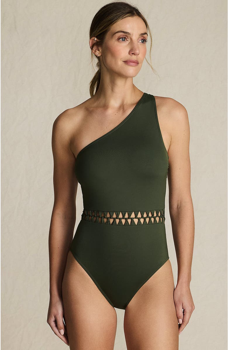 Lands' End Macrame One Shoulder High Leg One Piece Swimsuit, Main, color, Rich Olive Green