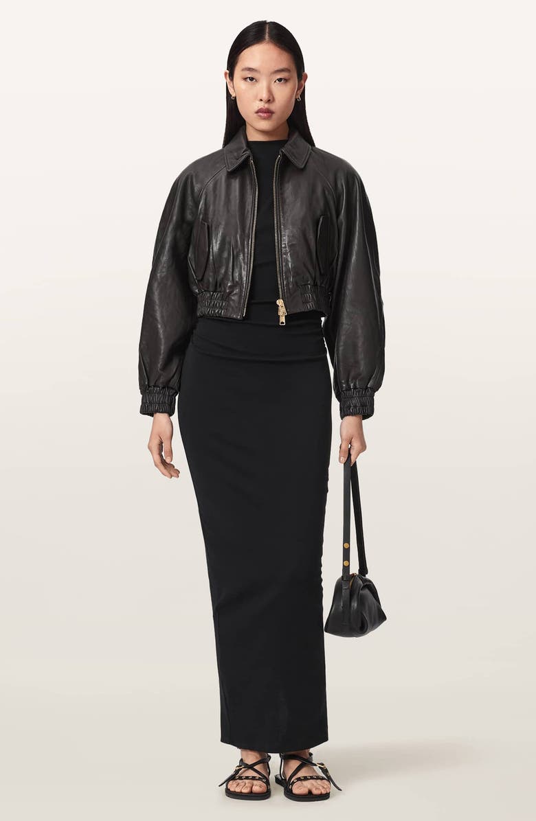 AllSaints Anouk Leather Crop Bomber Jacket, Alternate, color, Bitter Brown