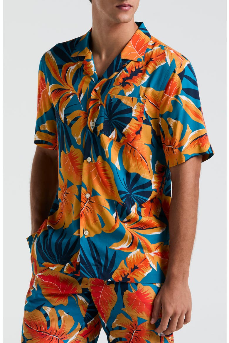 Tropical Leaf Print Viscose Camp Shirt, Alternate, color, MOSAIC BLUE