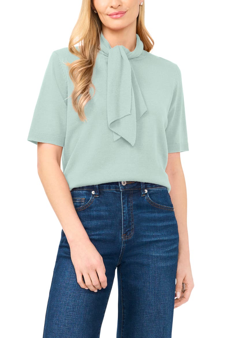 Tie Neck Short Sleeve Sweater, Main, color, MINT HINT