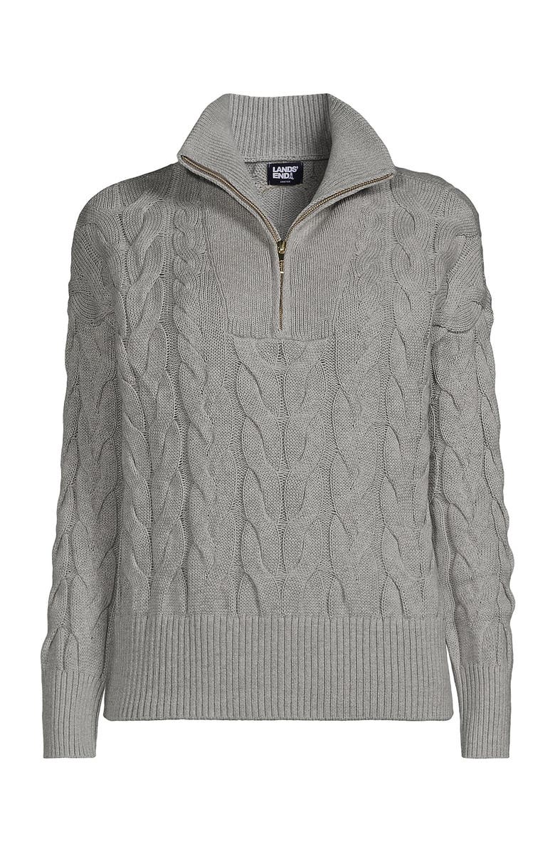 Lands' End Plus Size Drifter Cotton Quarter Zip Pullover Sweater, Alternate, color, Gray Heather