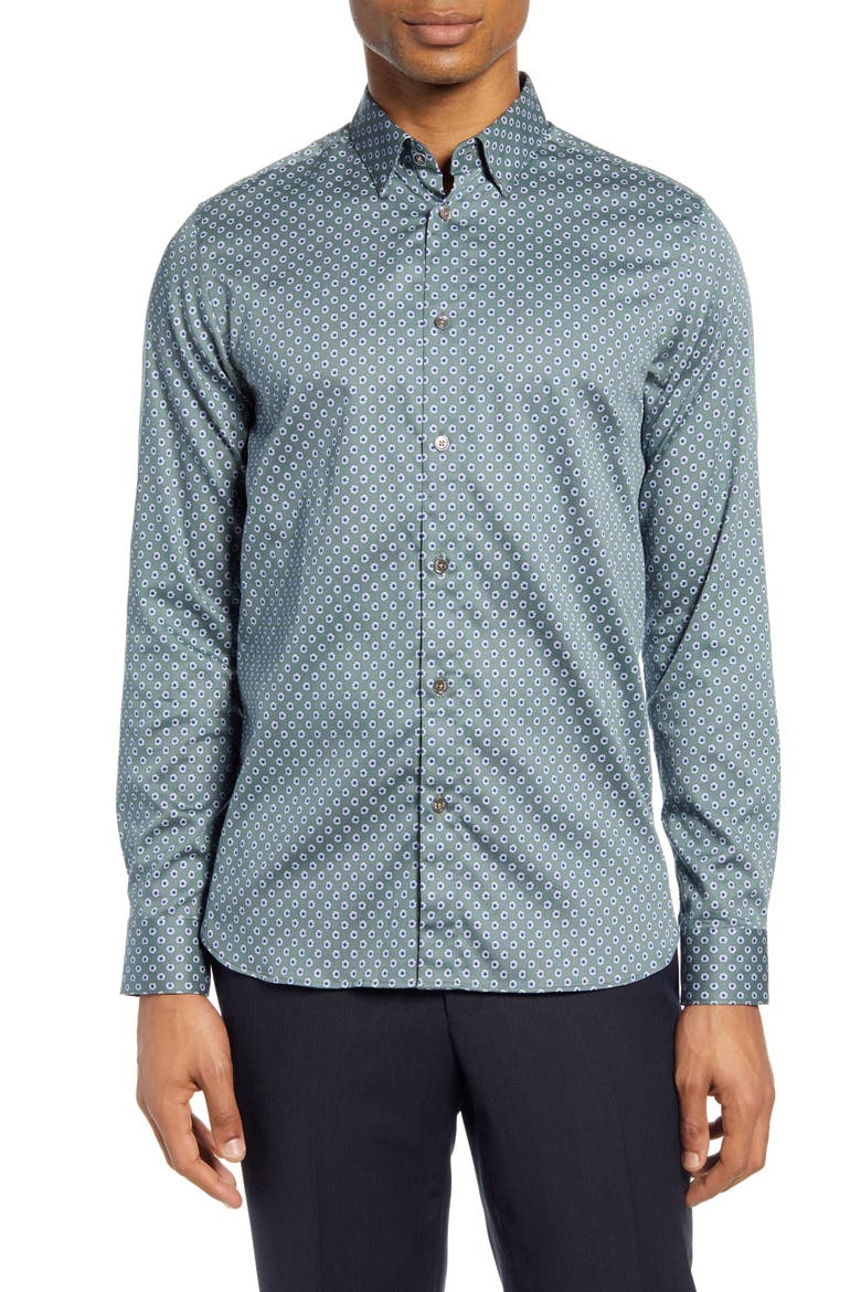Heknows Slim Fit Floral Print Button-Up Shirt, Main, color, GREEN