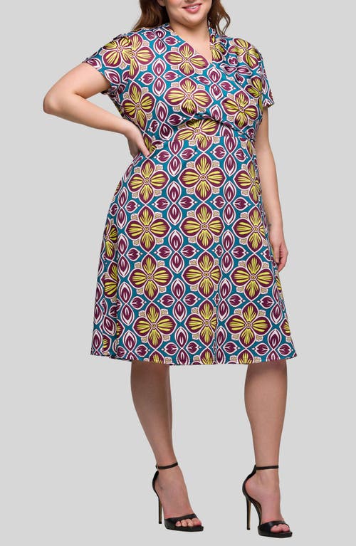 24seven Comfort Apparel Plus Size Print Short Sleeve Knee Length V-neck Wrap Dress In Yellow Multi