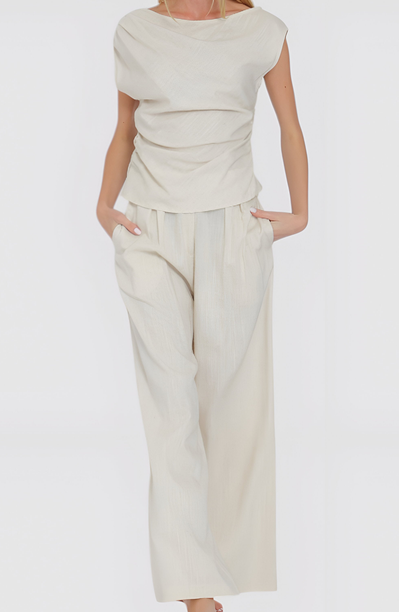 Modenaire Draped Short Sleeve Top and Wide Leg Pants Lounge Set, Alternate, color, 