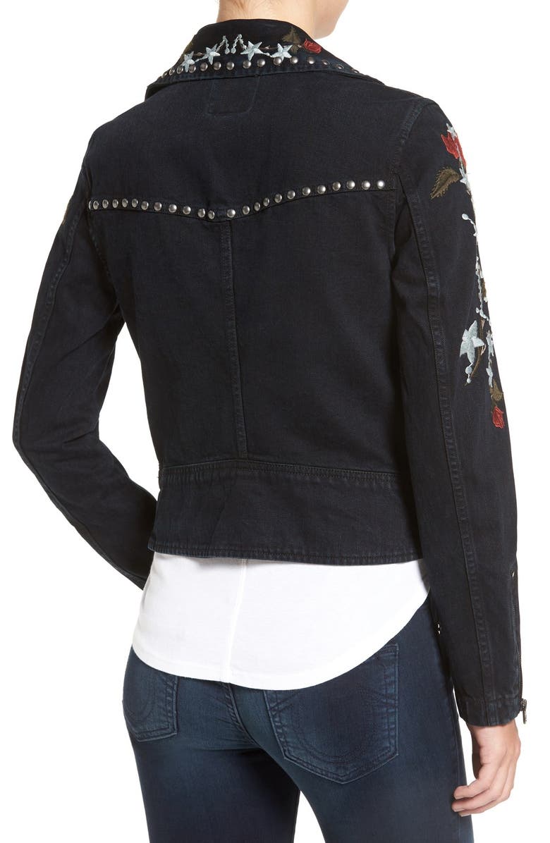 True Religion Brand Jeans Embroidered Denim Moto Jacket, Alternate, color, 