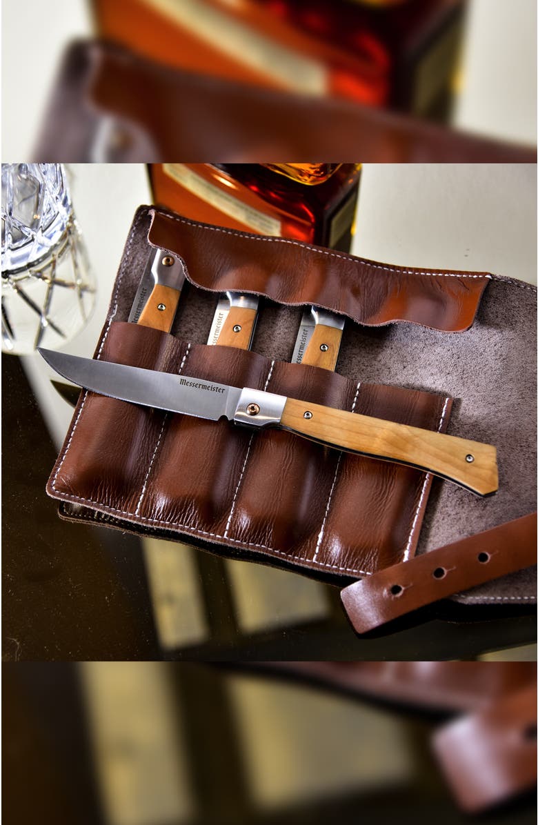 Messermeister Folding Steak Knife 4 Piece Set in Leather Roll, Alternate, color, Maple