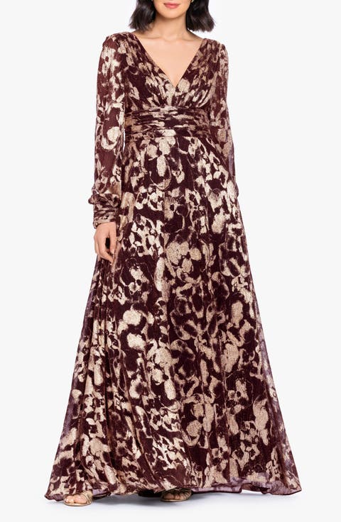 Foil Pattern Long Sleeve Gown