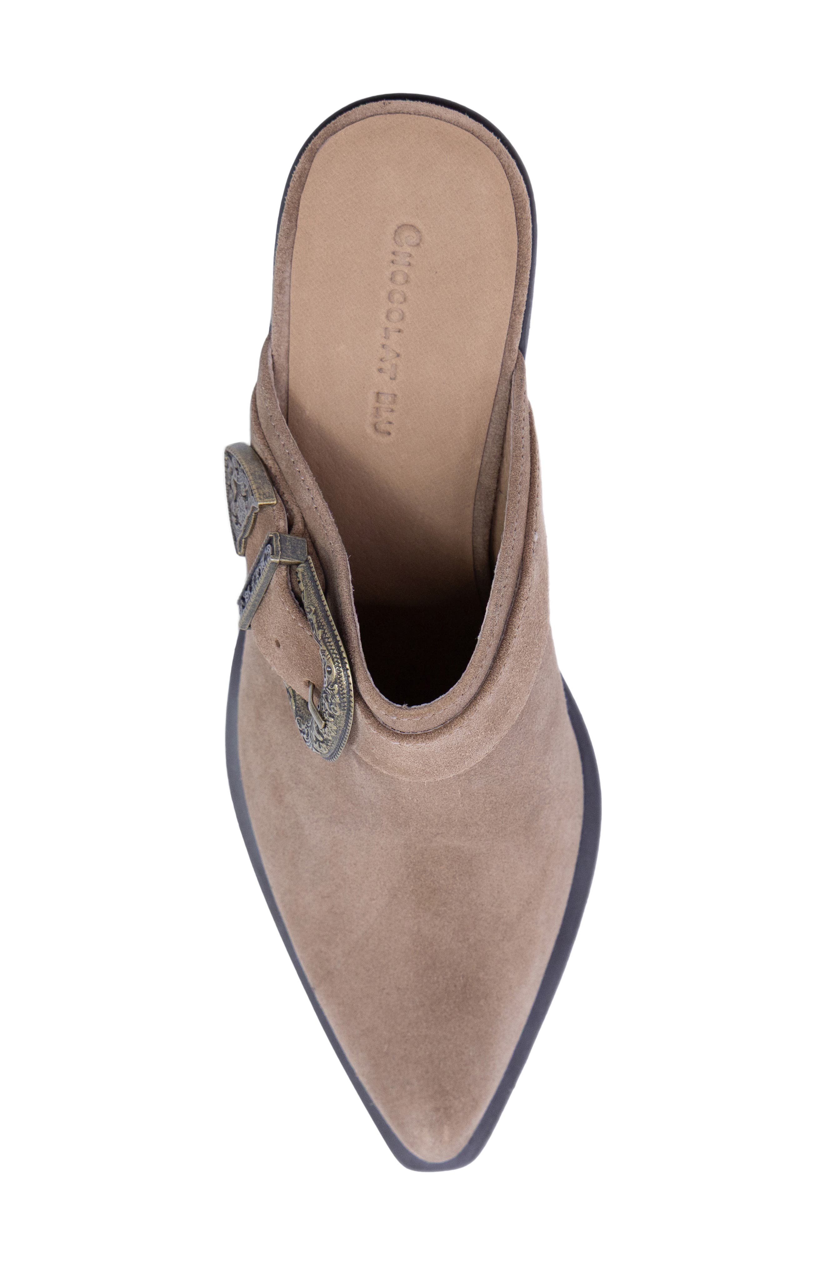 Charm Pointed Toe Buckle Mule, Alternate, color, TOFFEE SUEDE