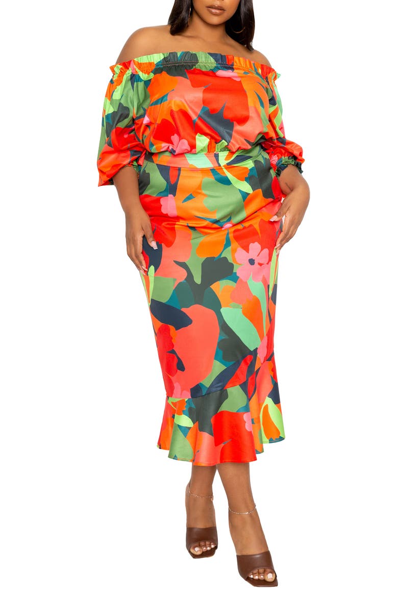 Floral Off-the-Shoulder Fit & Flare Dress, Main, color, ORANGE MULTI