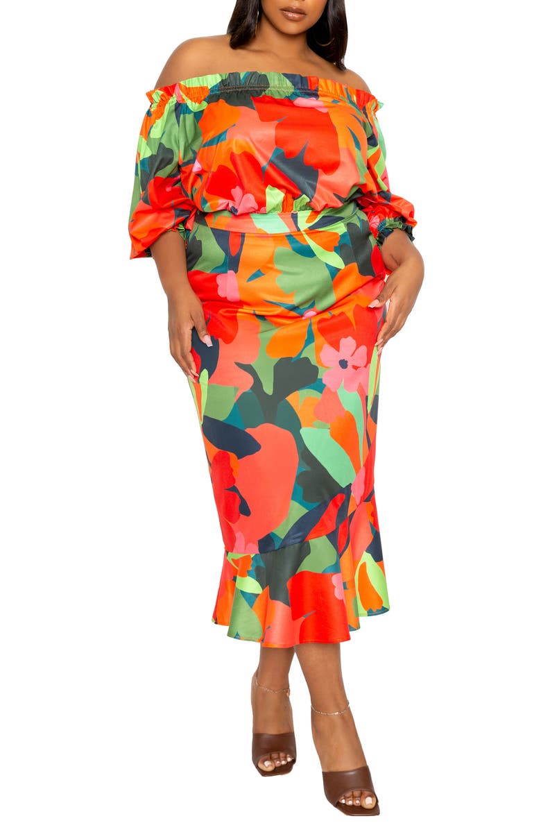 BUXOM COUTURE Floral Off-the-Shoulder Fit & Flare Dress, Main, color, Orange Multi