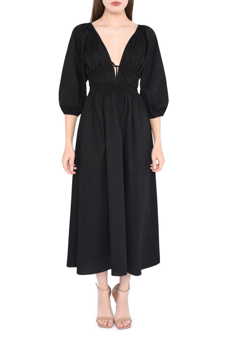 Veronica Ruched Puff Elbow Sleeve Midi Dress, Main, color, BLACK