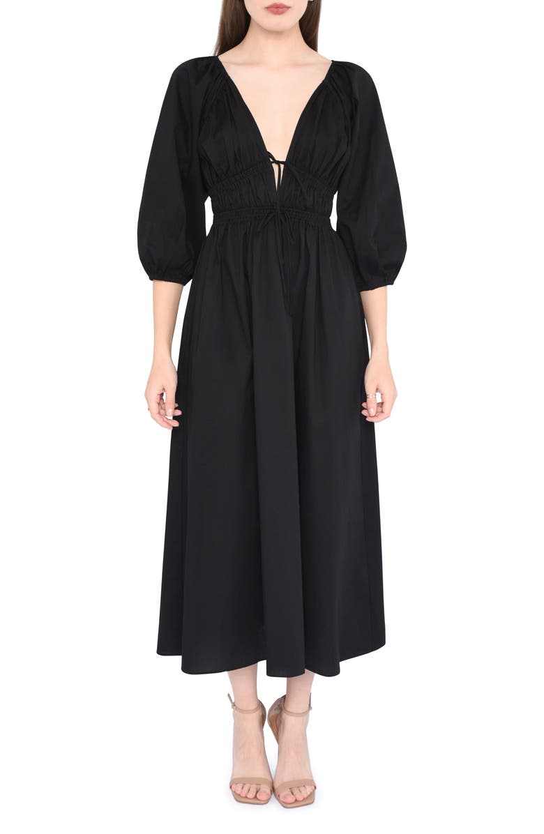 WAYF Veronica Ruched Puff Elbow Sleeve Midi Dress, Main, color,