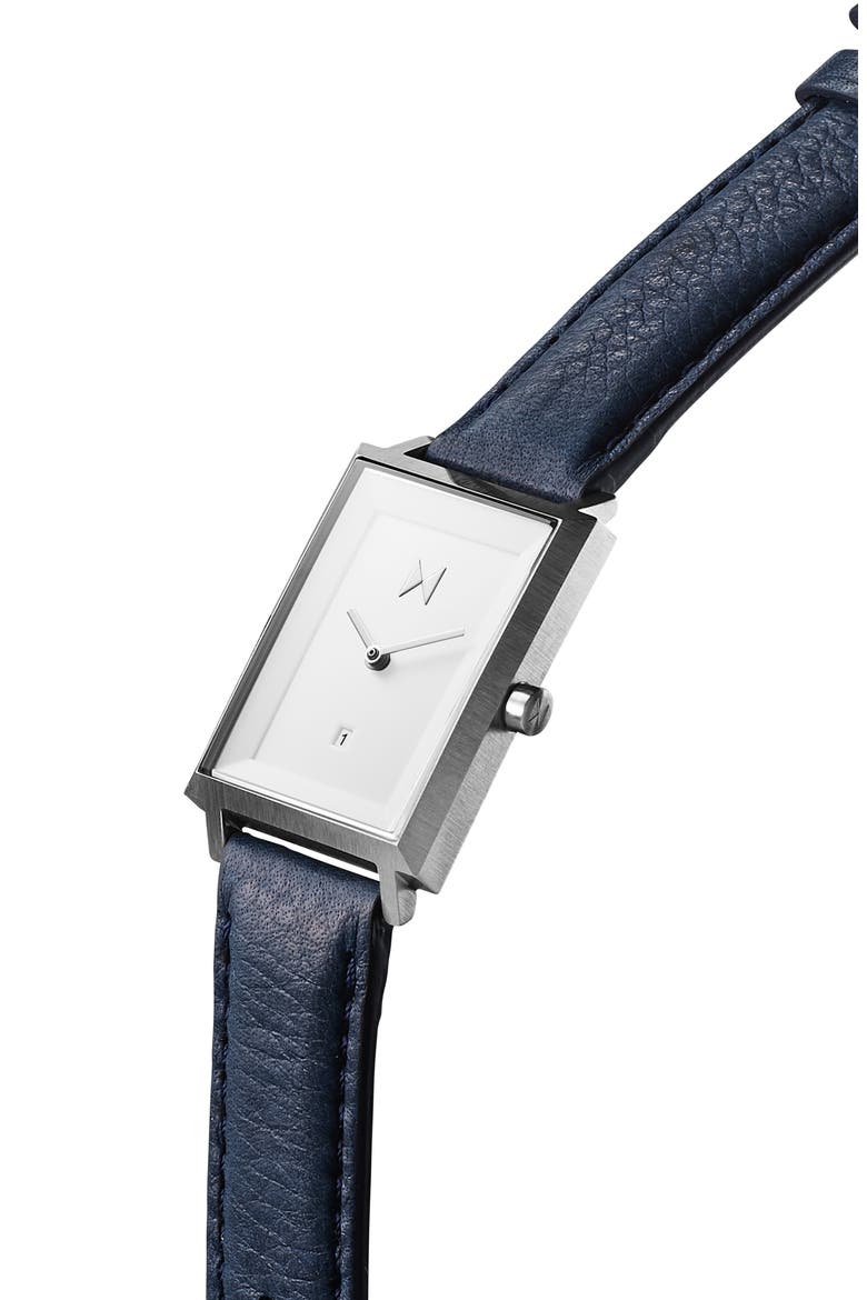 MVMT Signature Square Leather Strap Watch, 24mm, Alternate, color, NAVY/ WHITE/ SILVER