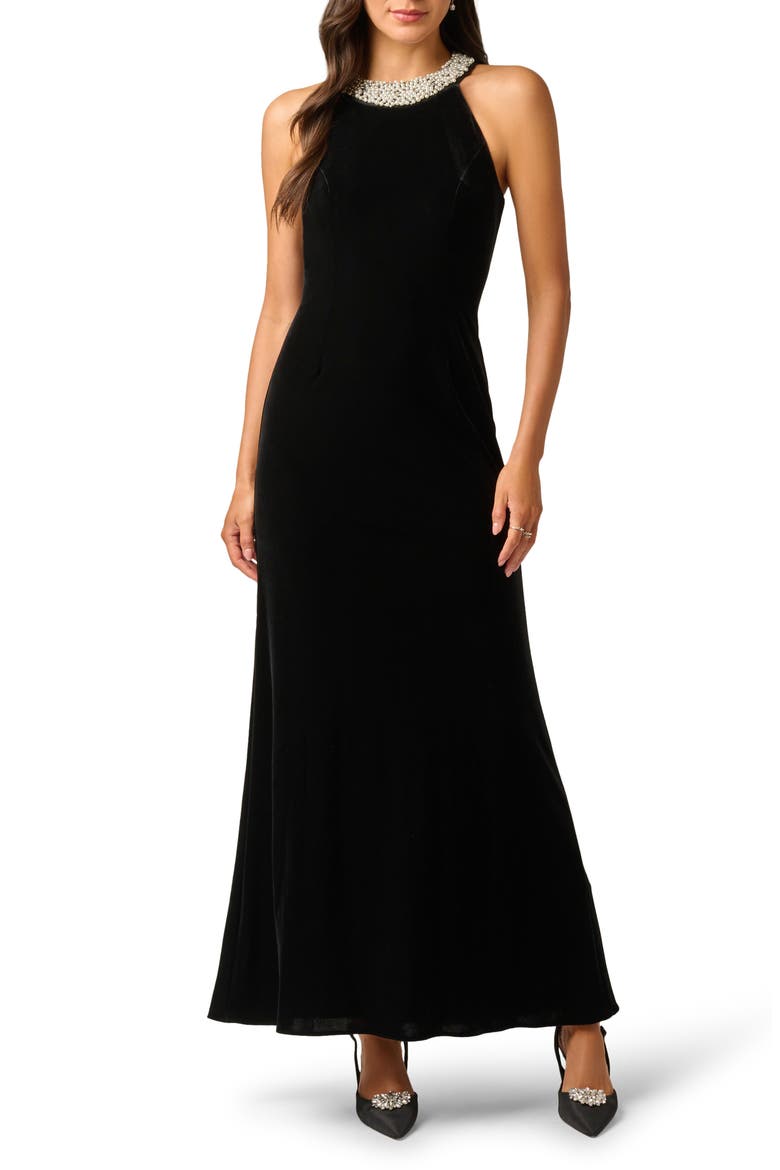 Beaded Neck Sleeveless Velvet Gown, Main, color, BLACK