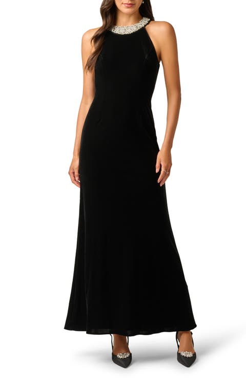 Beaded Neck Sleeveless Velvet Gown