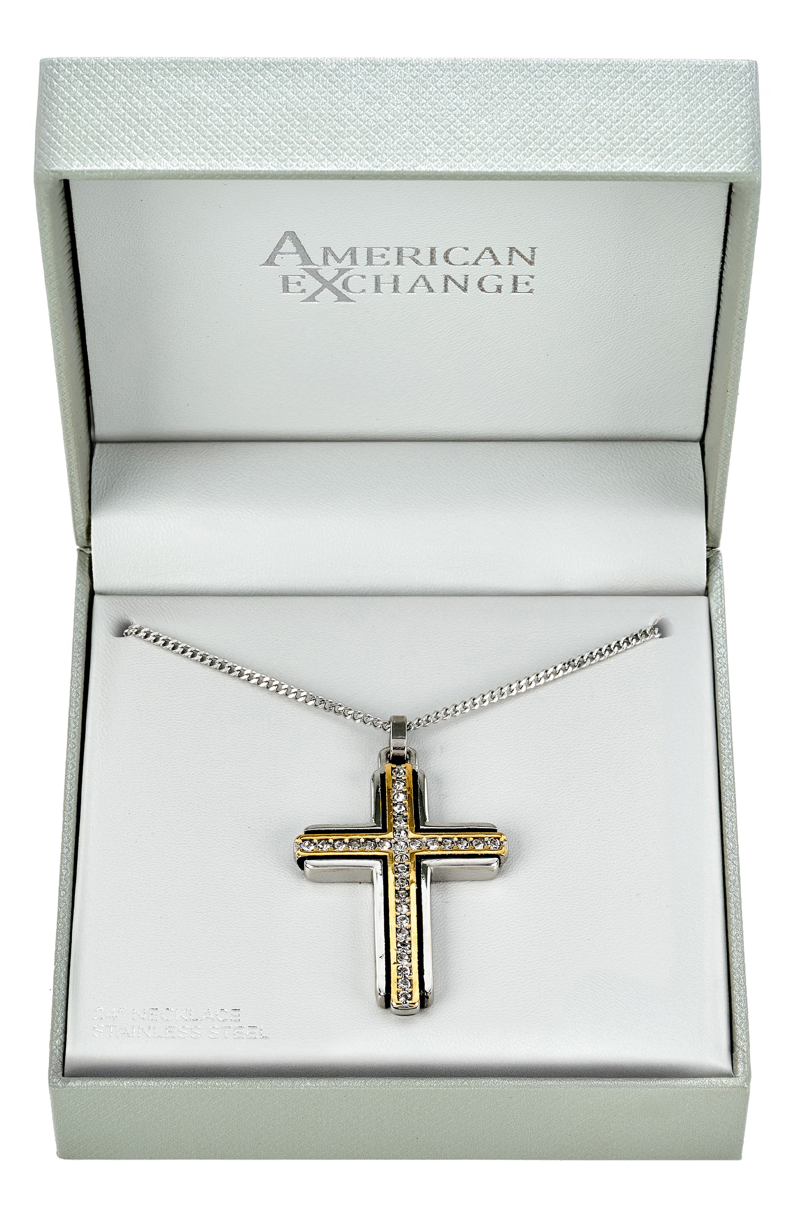 Men's Two Tone Crystal Cross Necklace