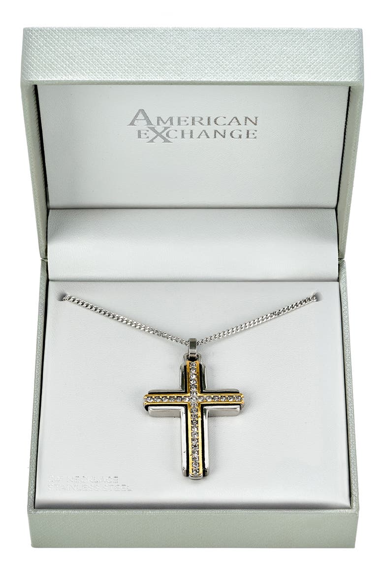Men's Two Tone Crystal Cross Necklace, Main, color, SILVER/ GOLD
