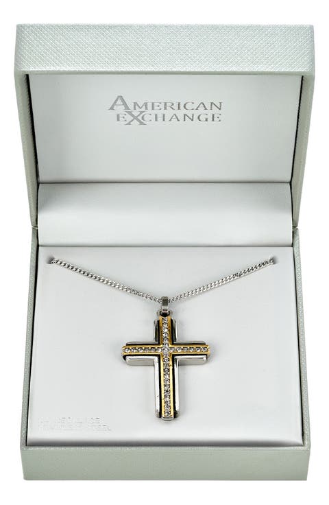 Men's Two Tone Crystal Cross Necklace