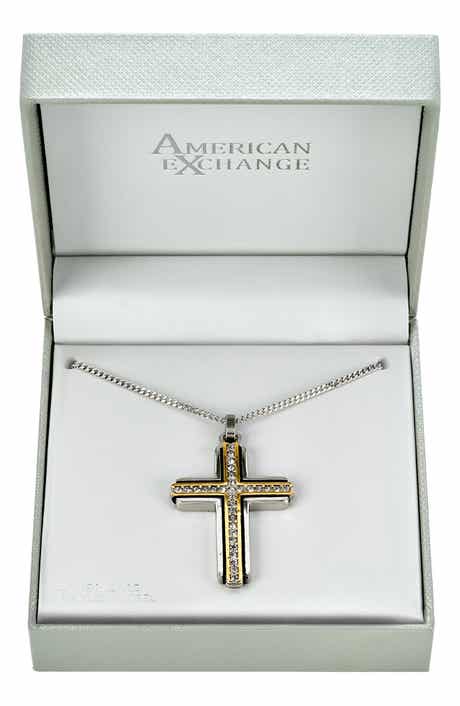 Men's Two Tone Crystal Cross Necklace