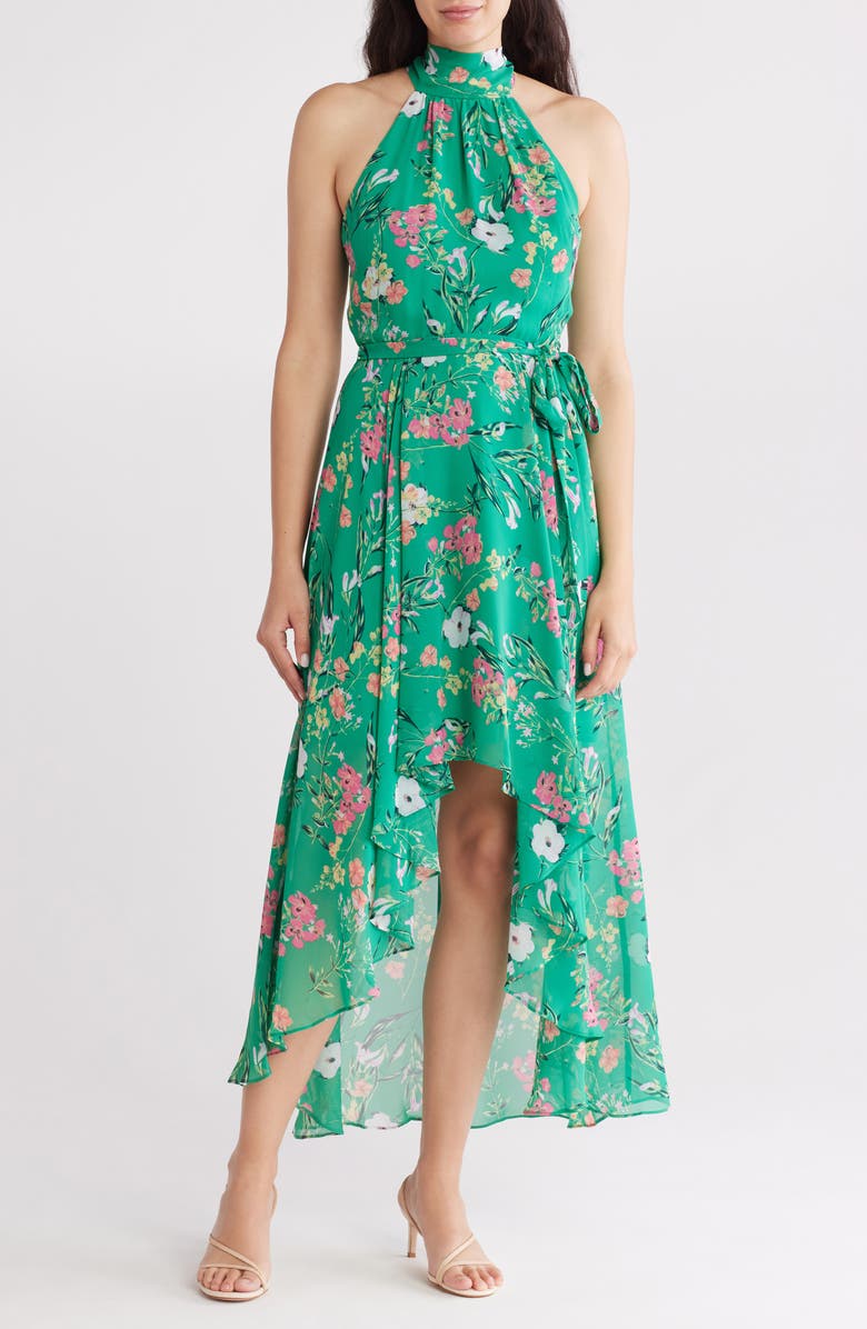 Eliza J Floral Sleeveless High-Low Maxi Dress, Main, color, Green Multi