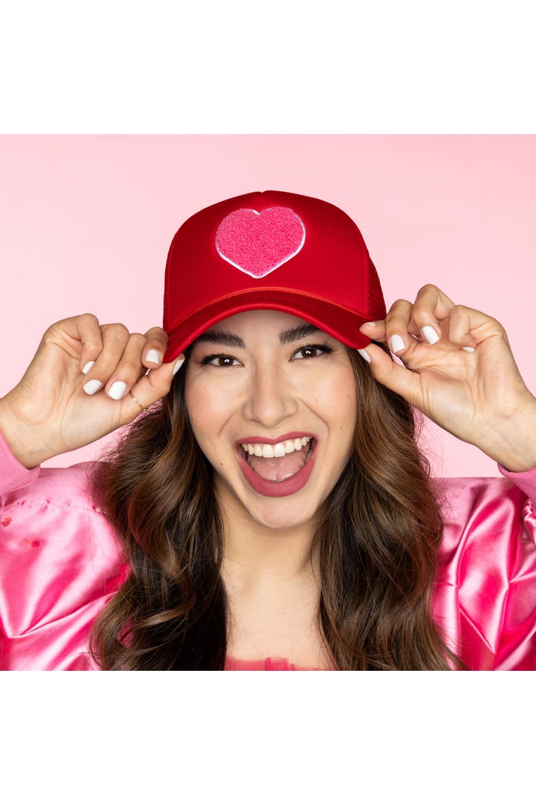 Heart Fuzzy Patch Trucker Hat Cotton Pink, Alternate, color, Red