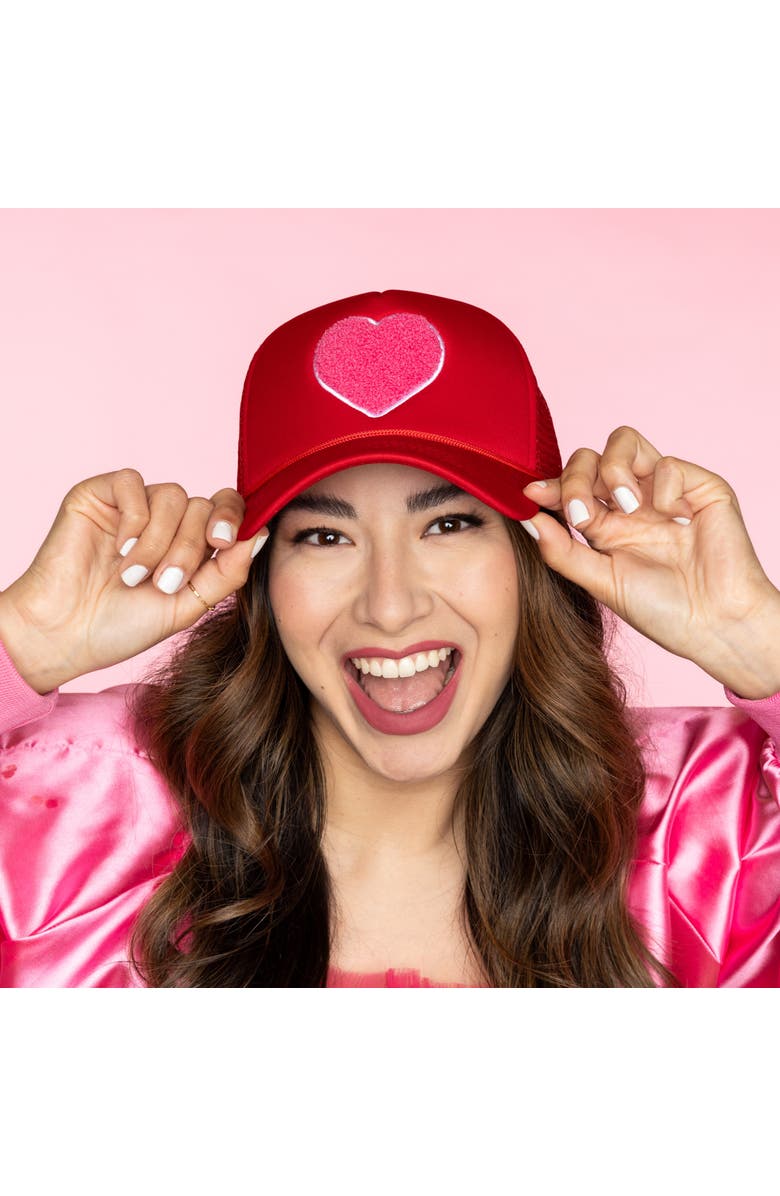 Totalee Gift Heart Fuzzy Patch Trucker Hat Cotton Pink, Alternate, color, Red