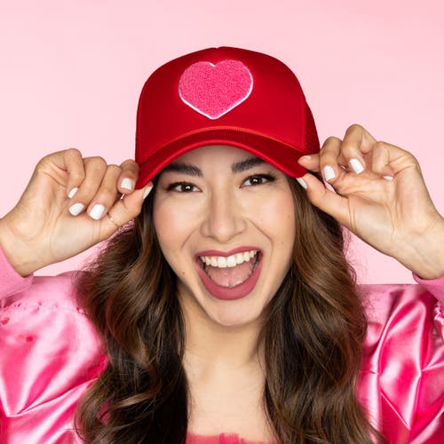 Totalee Gift Heart Fuzzy Patch Trucker Hat Cotton Pink In Red