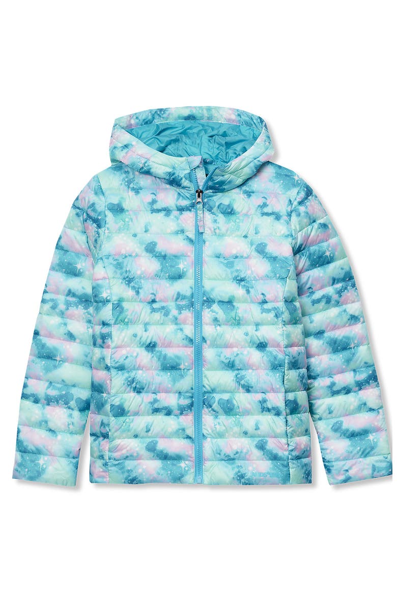 Kids ThermoPlume Packable Hooded Jacket, Alternate, color, Aqua Glitter
