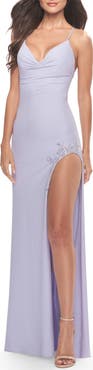La Femme Rhinestone Rose Detail Jersey Dress with Draped Neckline