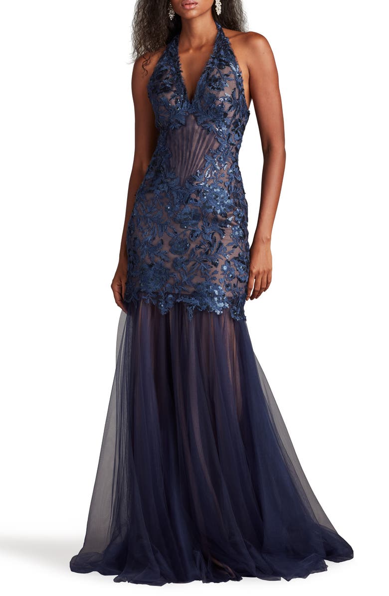 Tadashi Shoji Sequin Embroidered Halter Mermaid Gown, Alternate, color, Midnight
