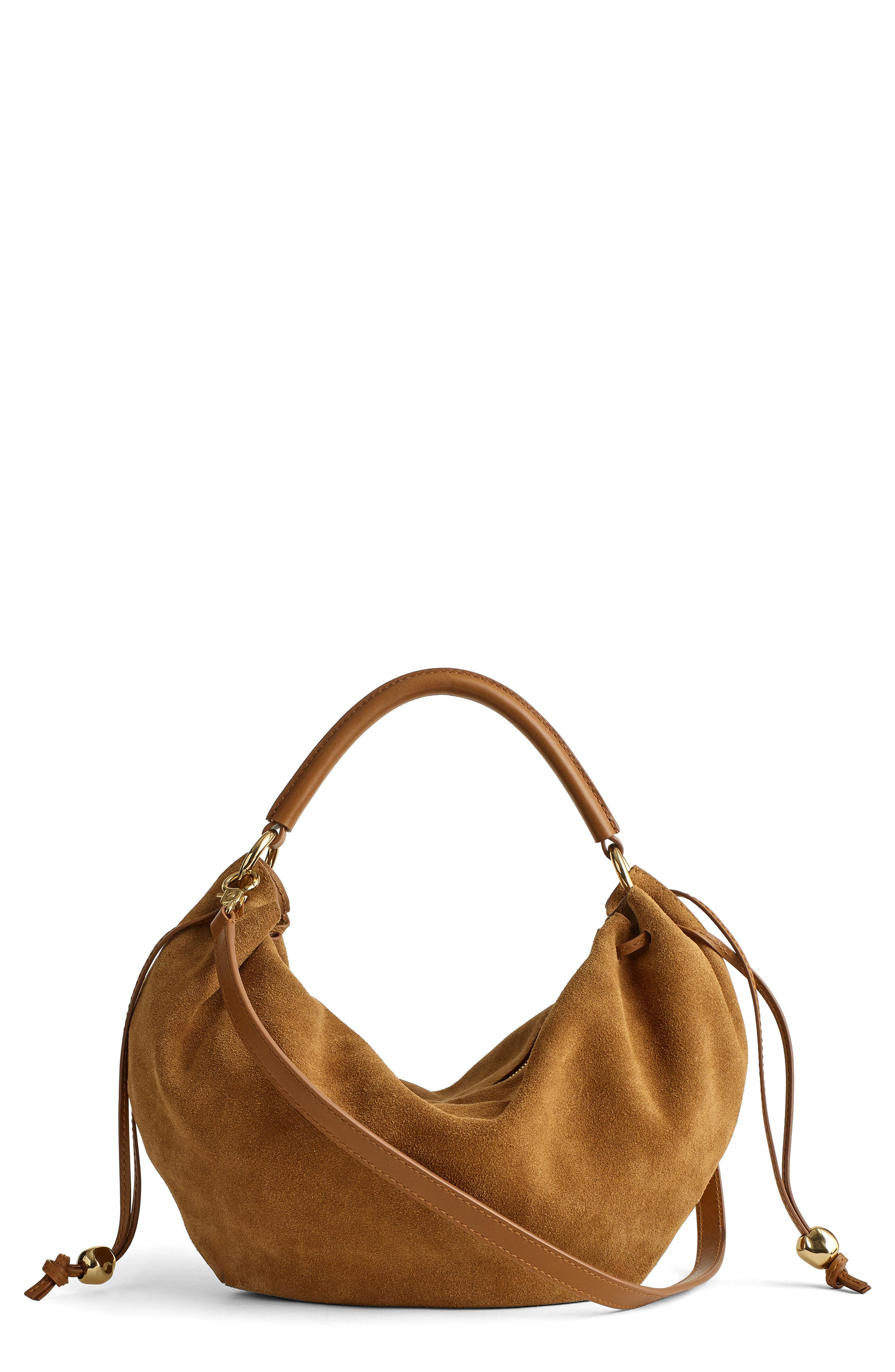 Madewell The Camren Gathered Suede Shoulder Bag, Main, color, Aged Cognac