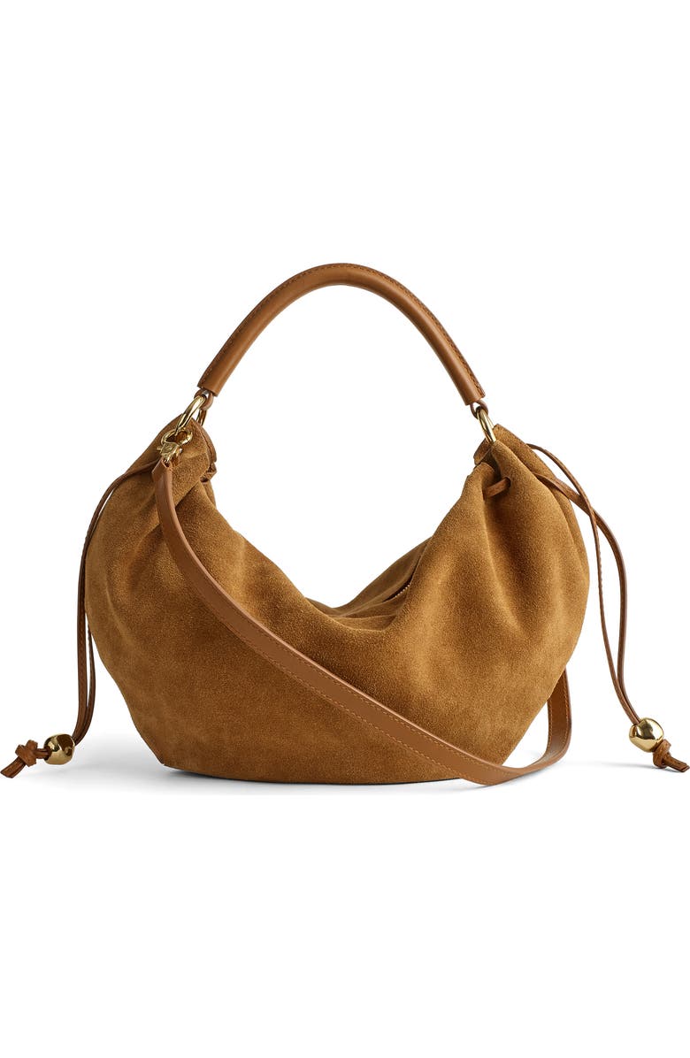 Madewell The Camren Gathered Suede Shoulder Bag, Main, color, Aged Cognac