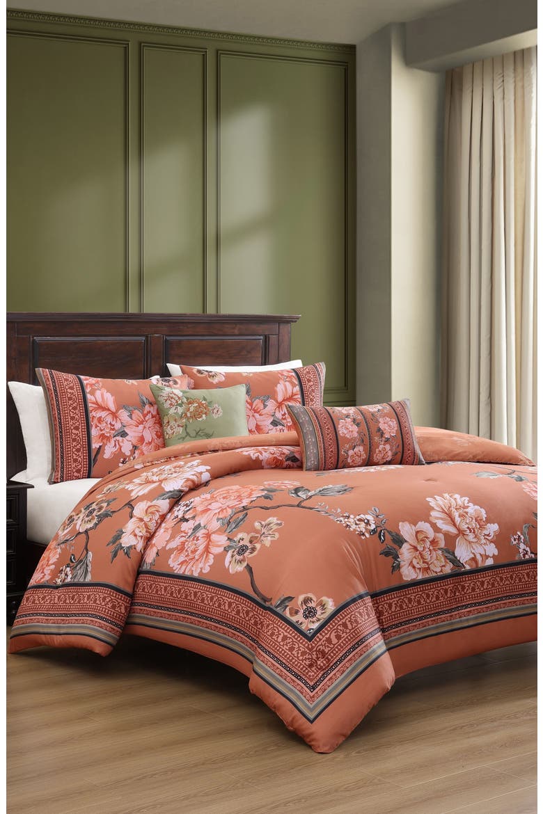 Rossana Floral Cotton Sateen 5-Piece Comforter Set, Alternate, color, ORANGE