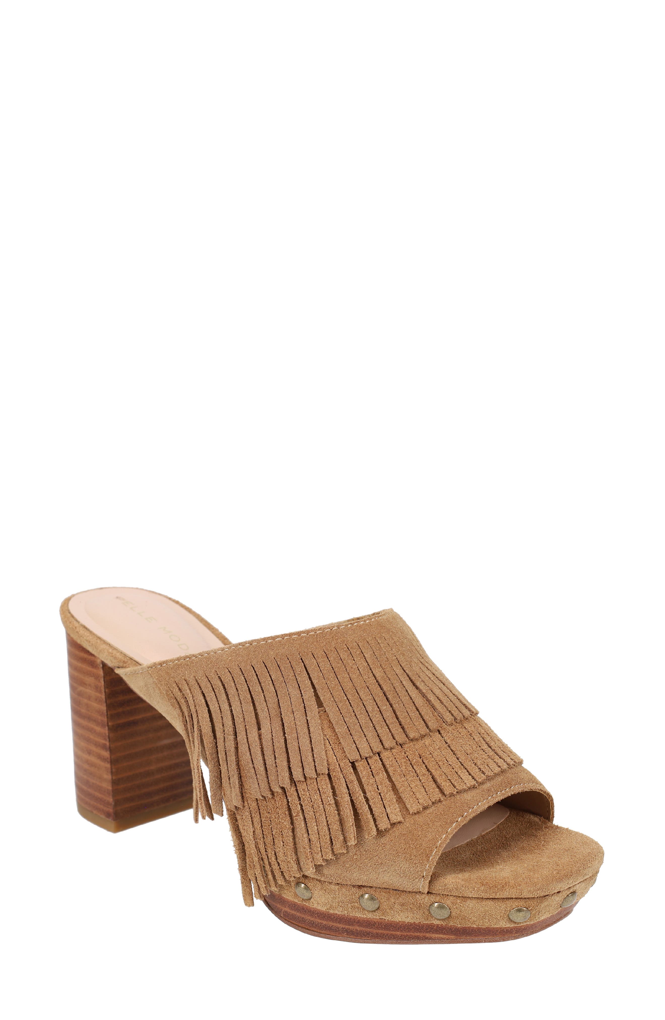 Fringe Studded Block Heel Sandal, Main, color, CARAMEL
